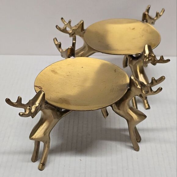 Vintage Brass Deers Candle Holder Set 3 Reindeers Holding Tray MCM - Picture 2 of 8